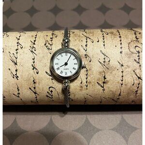 Silver-Tone Ladies Quartz Bracelet Watch With Accents & White Dial